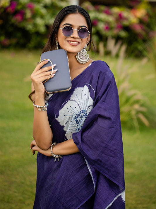 Deep Royal Navy Blue Cotton Saree - Ressa
