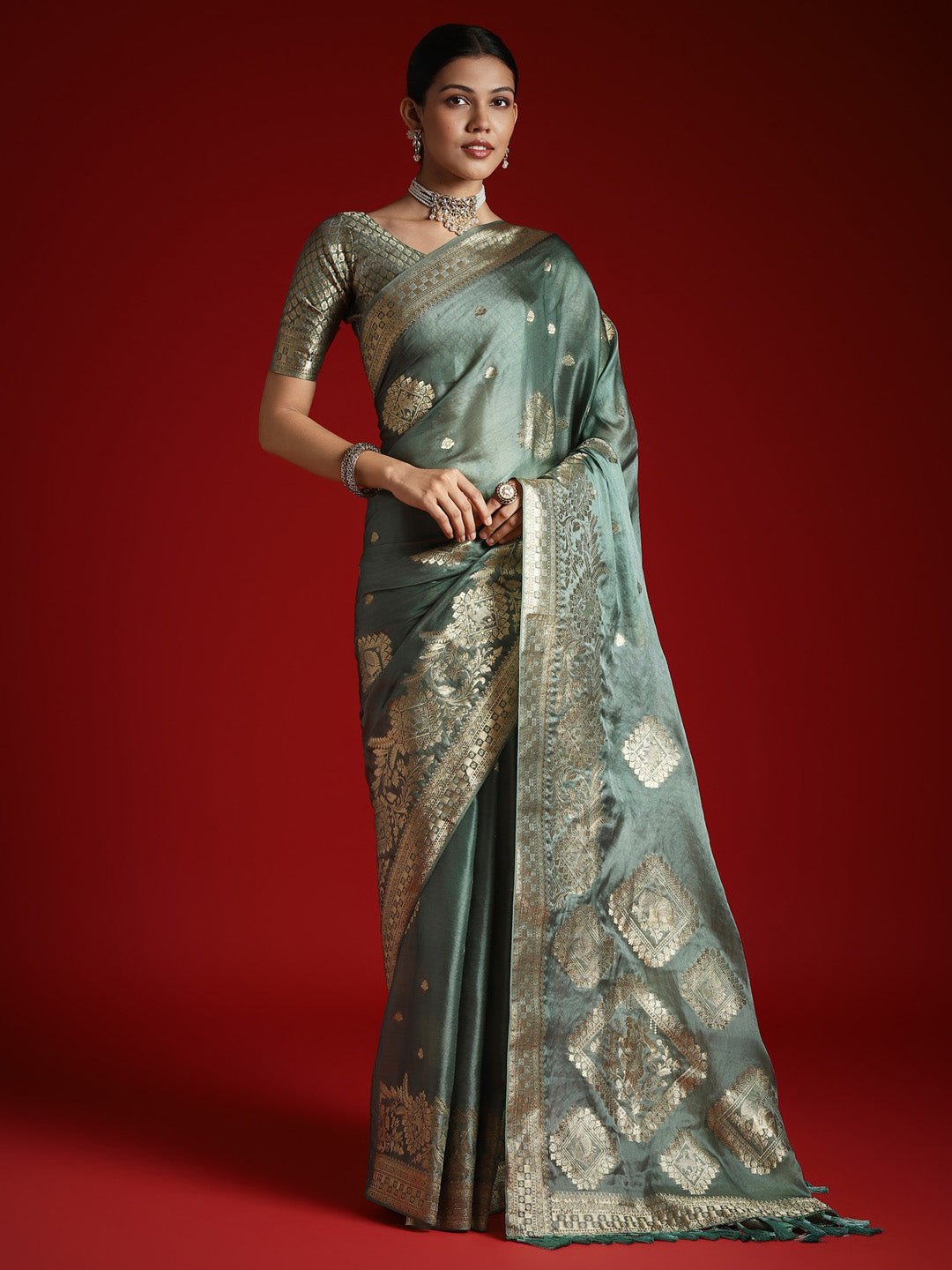 Deep Sea Green Satin Banarasi Style Saree - Ressa
