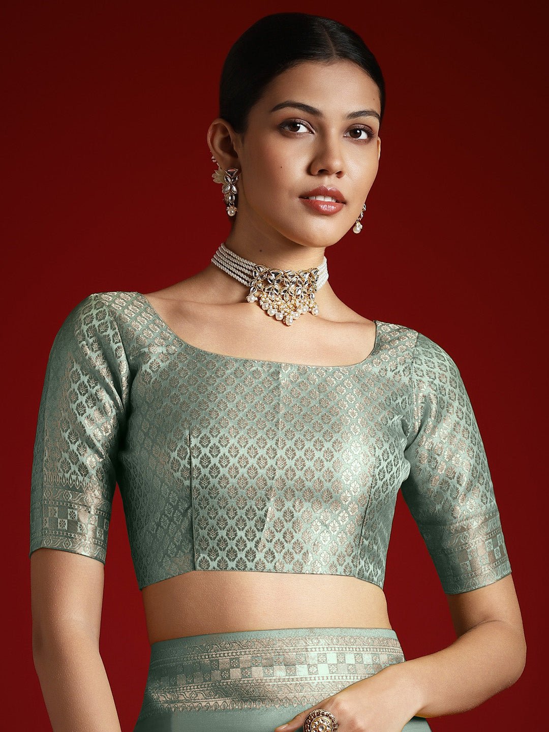 Deep Sea Green Satin Banarasi Style Saree - Ressa