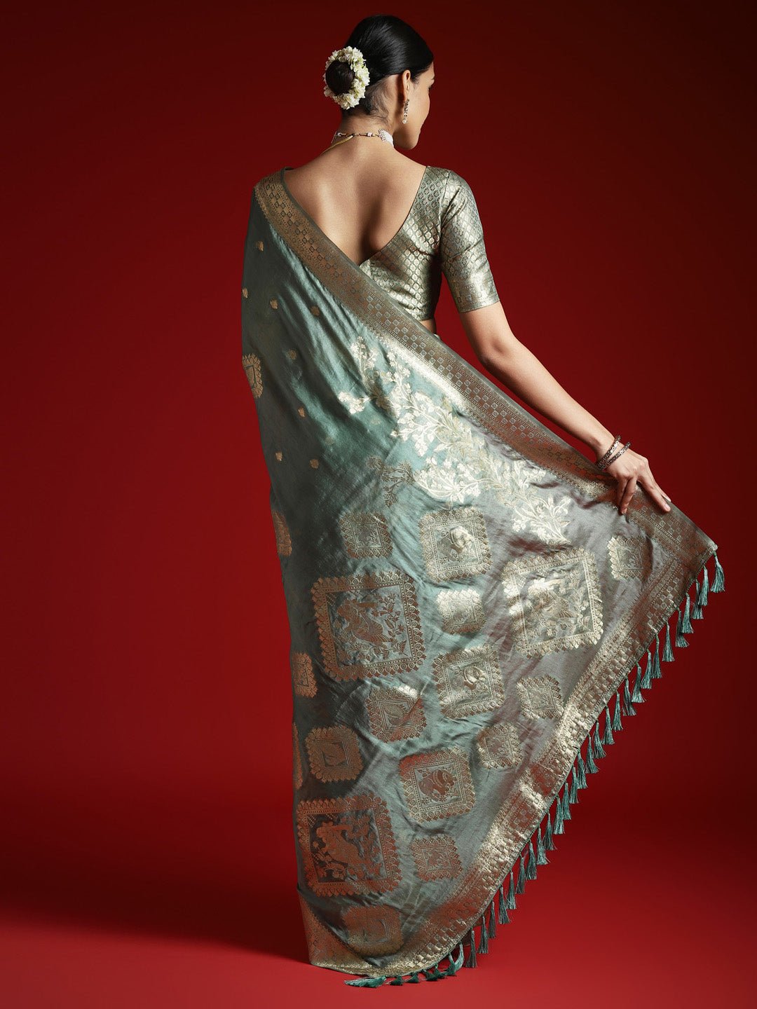 Deep Sea Green Satin Banarasi Style Saree - Ressa