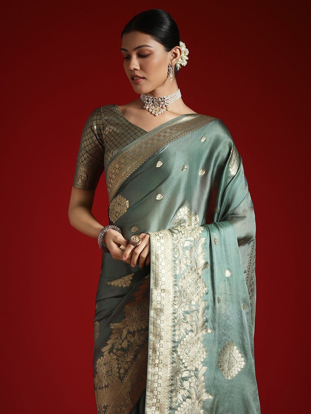 Deep Sea Green Satin Banarasi Style Saree - Ressa