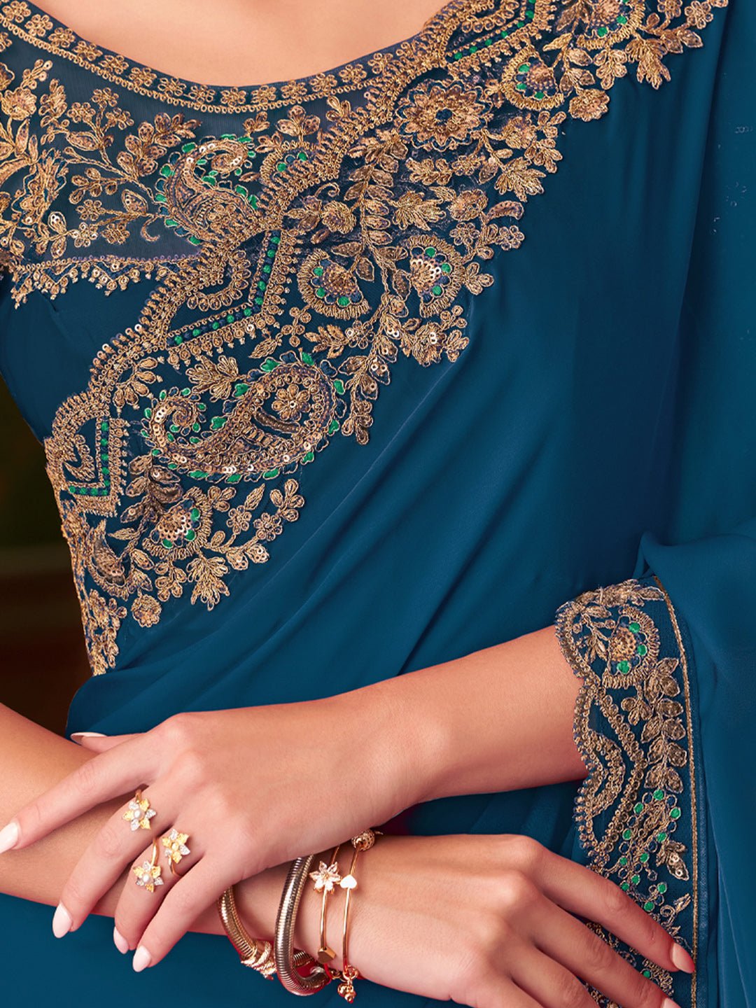 Deep Teal Blue Embellished Party wear Saree - Ressa