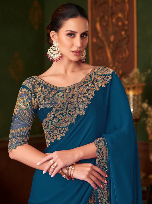 Deep Teal Blue Embellished Party wear Saree - Ressa