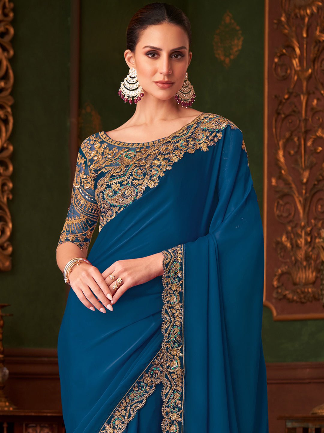 Deep Teal Blue Embellished Party wear Saree - Ressa