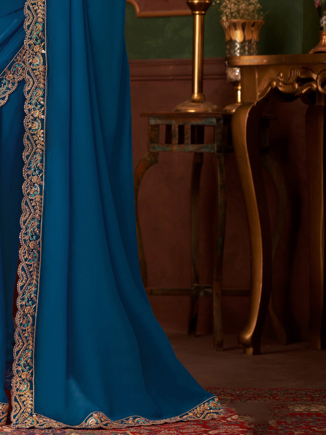 Deep Teal Blue Embellished Party wear Saree - Ressa