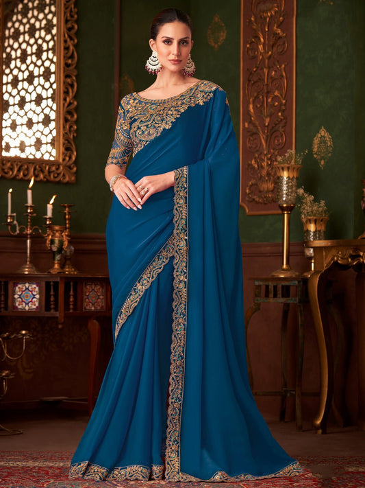Deep Teal Blue Embellished Party wear Saree - Ressa