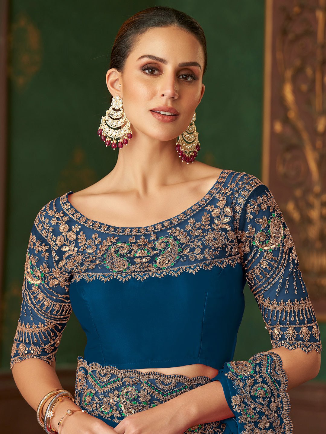 Deep Teal Blue Embellished Party wear Saree - Ressa
