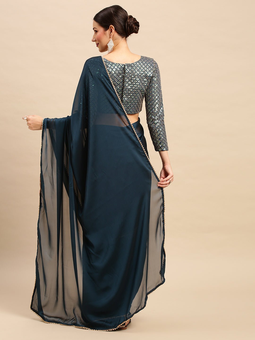 Deep Teal-Blue Georgette Saree - Ressa
