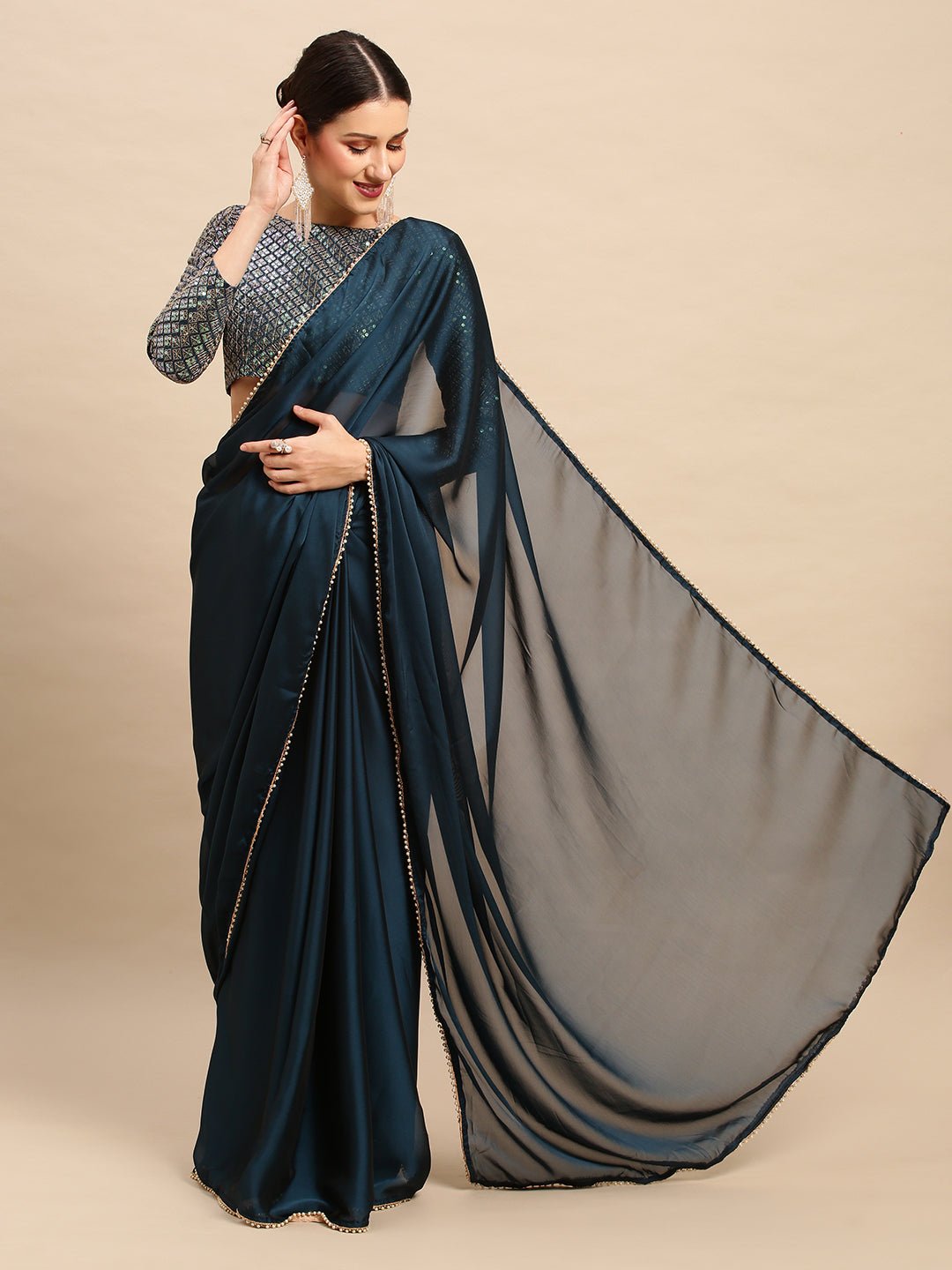 Deep Teal-Blue Georgette Saree - Ressa