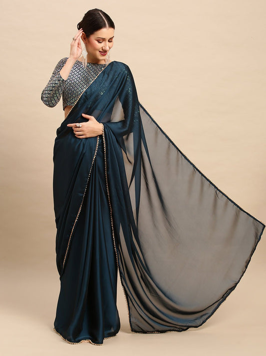 Deep Teal-Blue Georgette Saree - Ressa