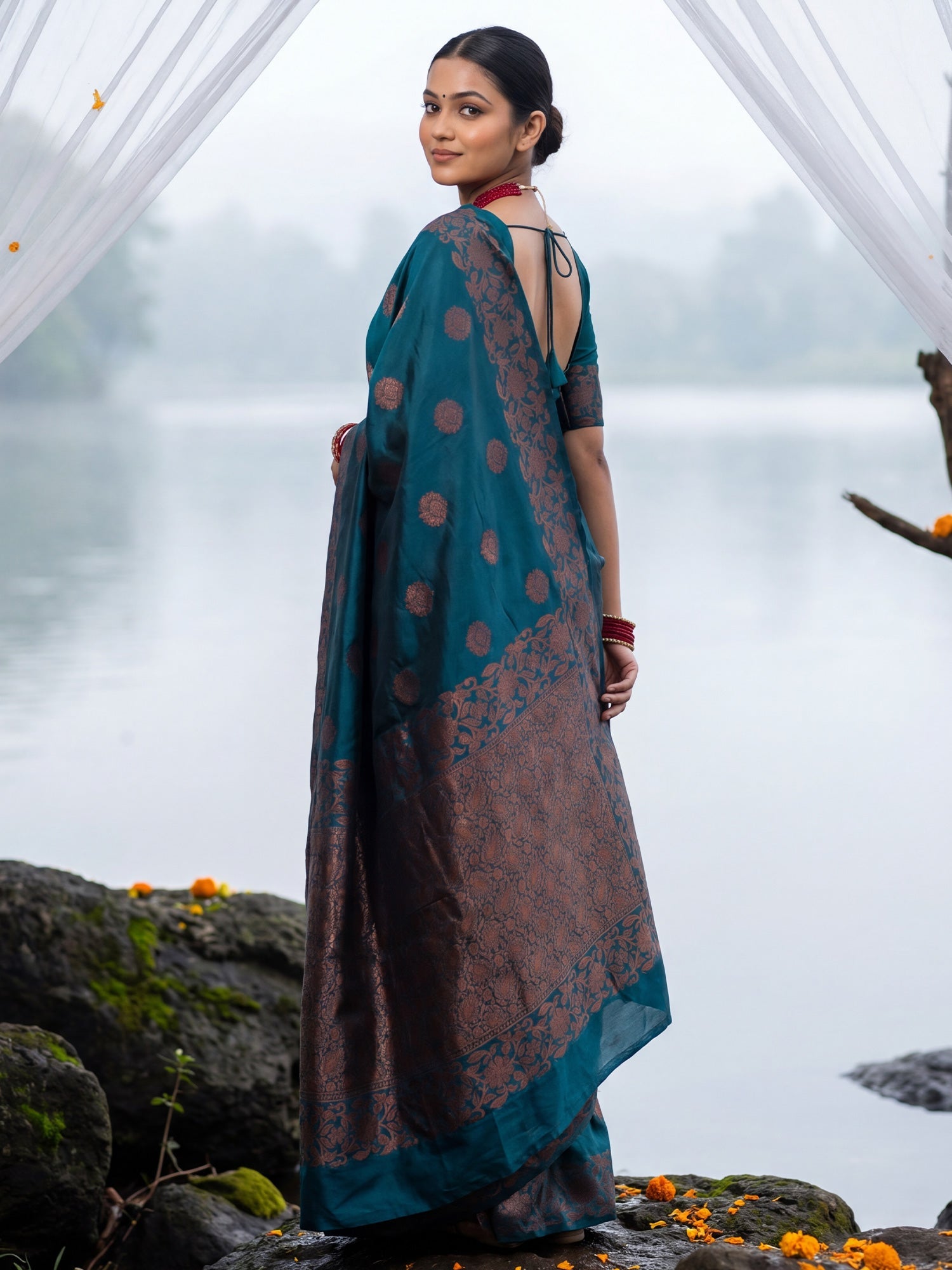 Deep Teal Blue Silk Saree - Ressa
