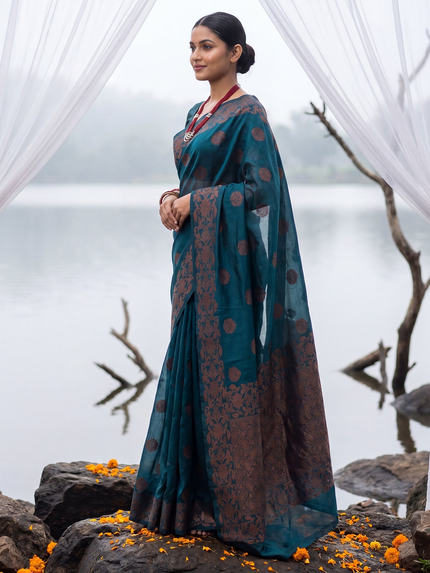 Deep Teal Blue Silk Saree - Ressa