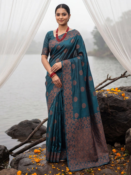 Deep Teal Blue Silk Saree - Ressa