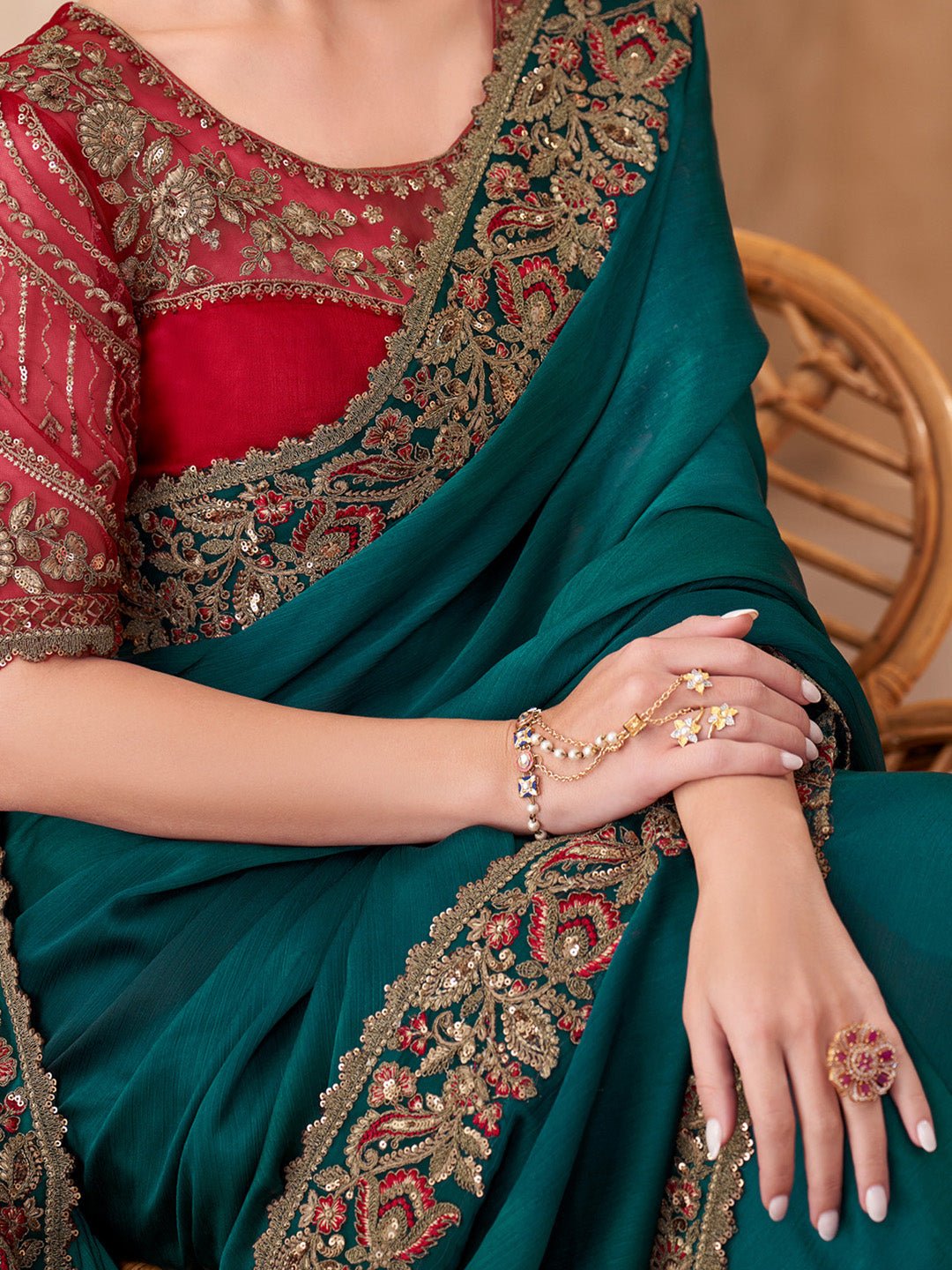 Deep Teal Embellished Saree with Contrast Blouse - Ressa