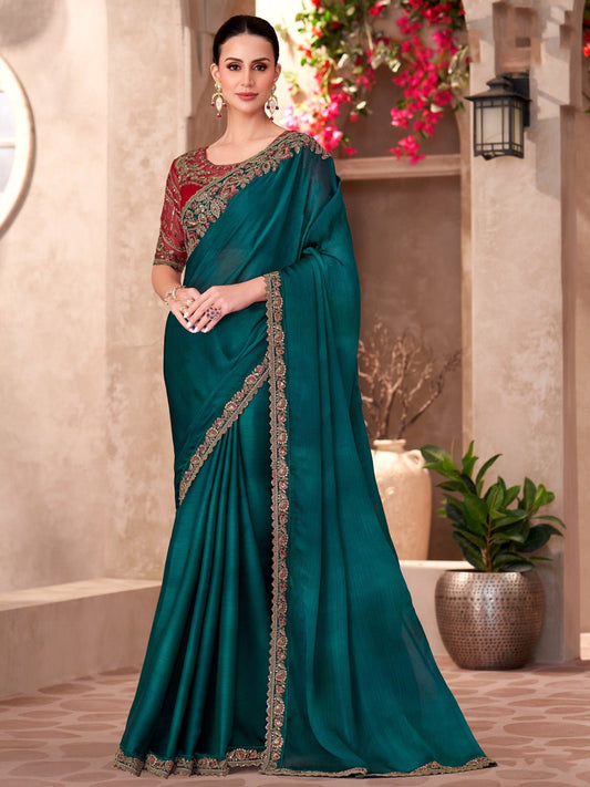 Deep Teal Embellished Saree with Contrast Blouse - Ressa