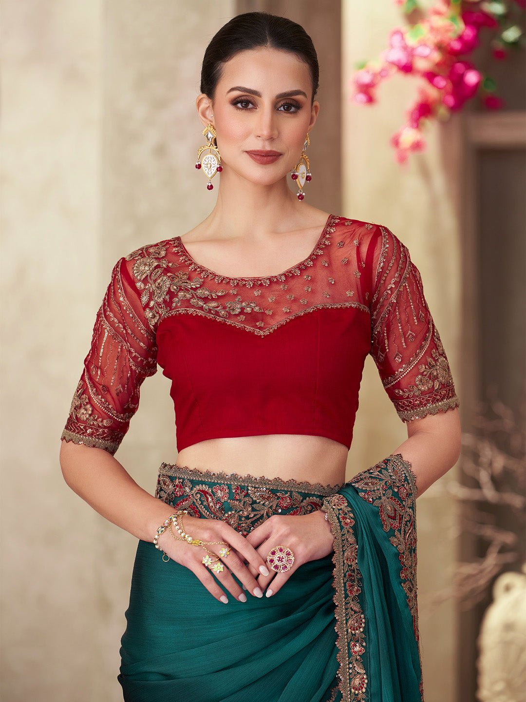 Deep Teal Embellished Saree with Contrast Blouse - Ressa