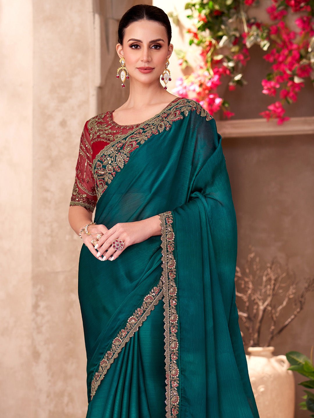 Deep Teal Embellished Saree with Contrast Blouse - Ressa