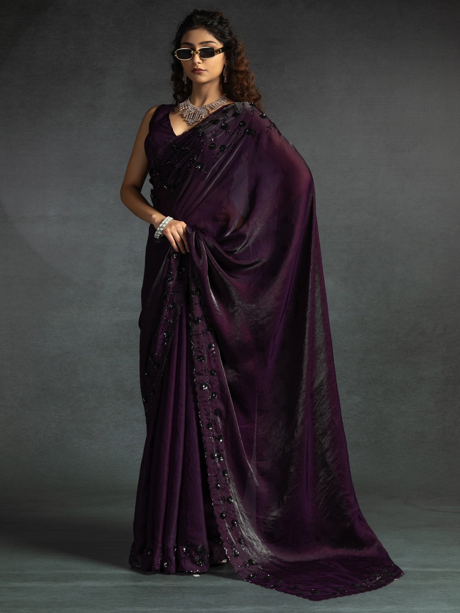 Deep Violet Embellished Fendi Satin Saree - Ressa