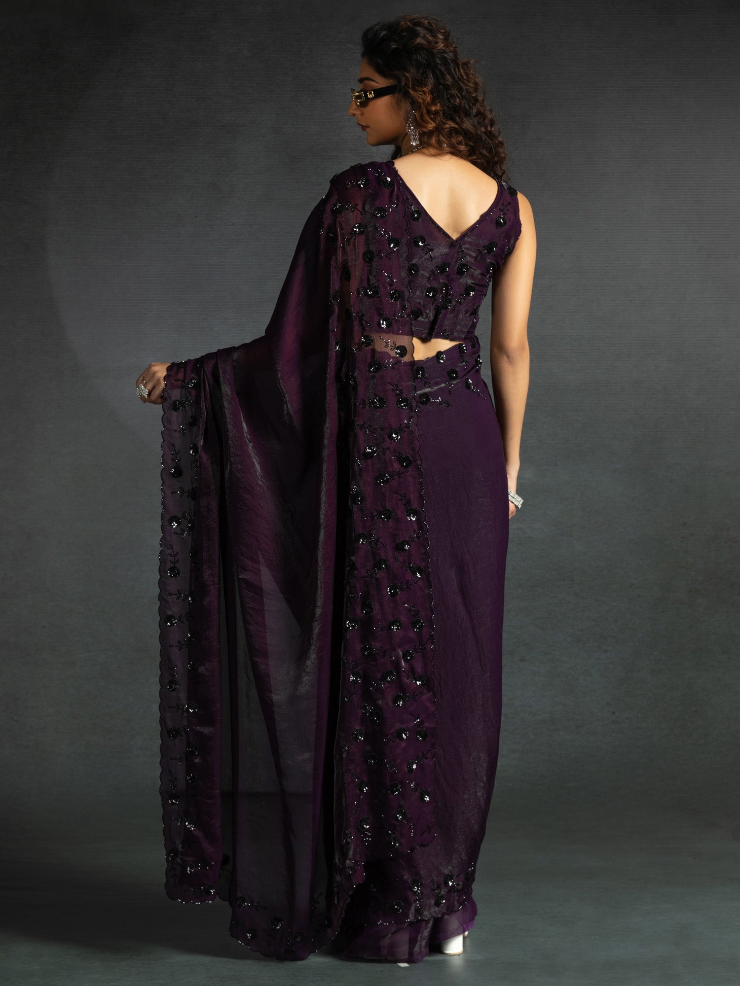 Deep Violet Embellished Fendi Satin Saree - Ressa