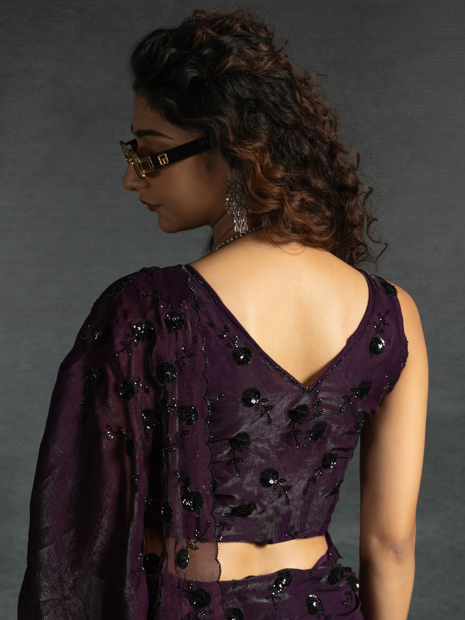 Deep Violet Embellished Fendi Satin Saree - Ressa