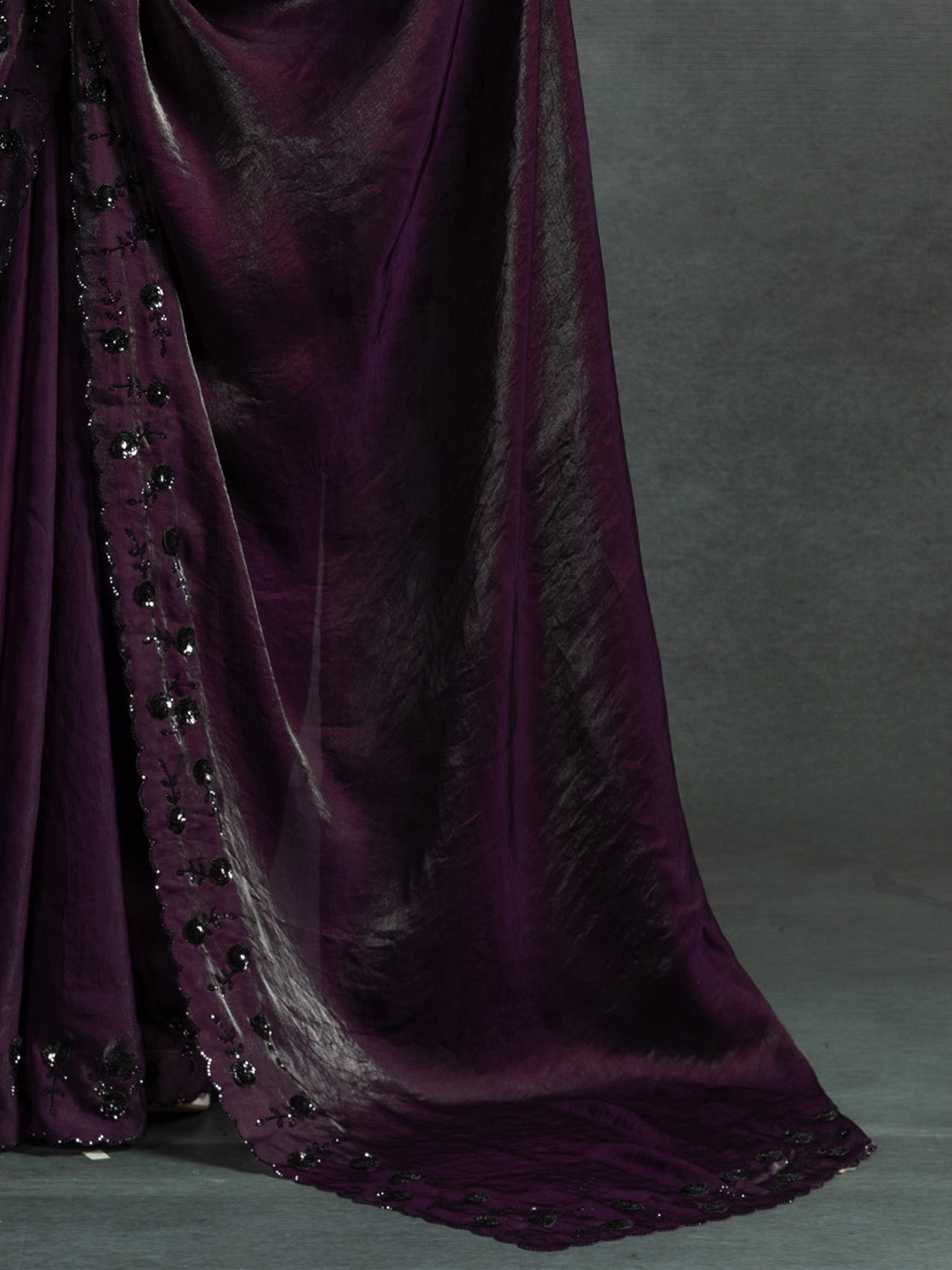 Deep Violet Embellished Fendi Satin Saree - Ressa