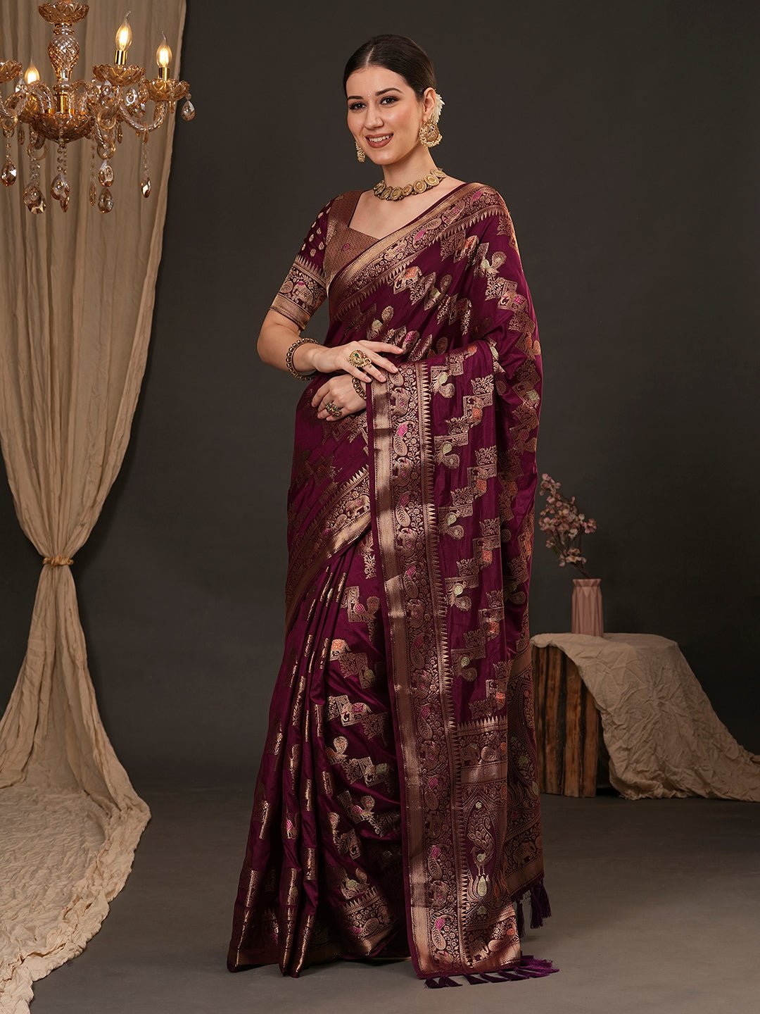 Deep wine Banarasi Silk Saree - Ressa