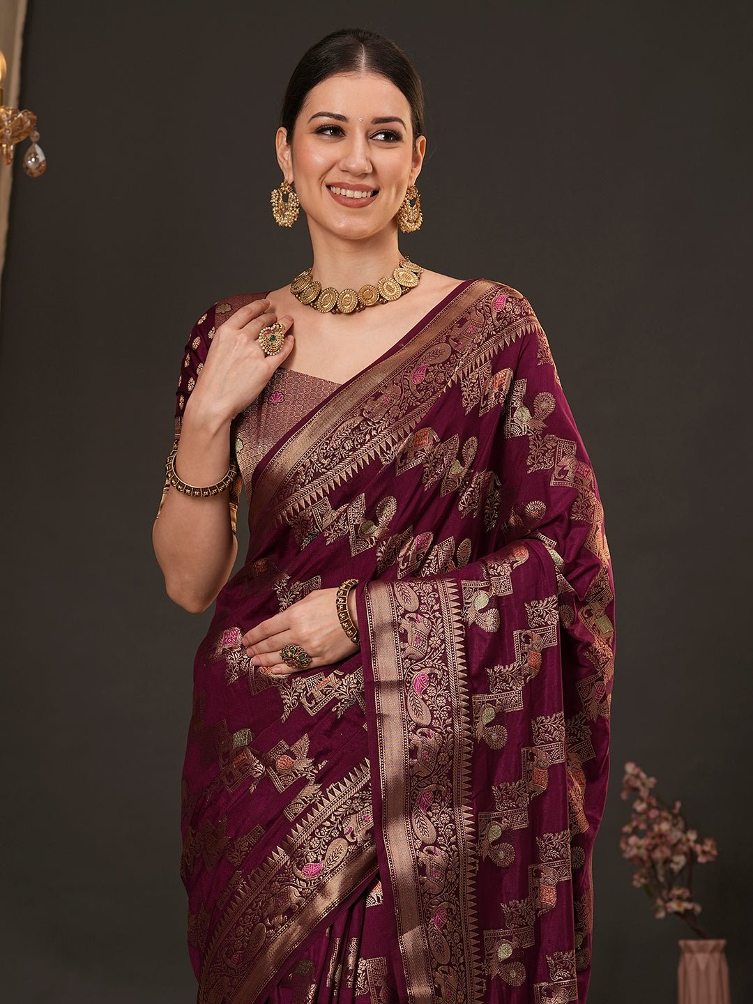 Deep wine Banarasi Silk Saree - Ressa
