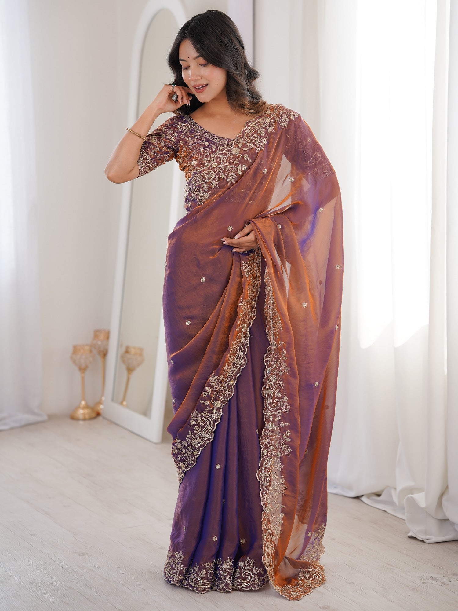 Deep Wine Dual Tone Tissue Silk Saree - Ressa
