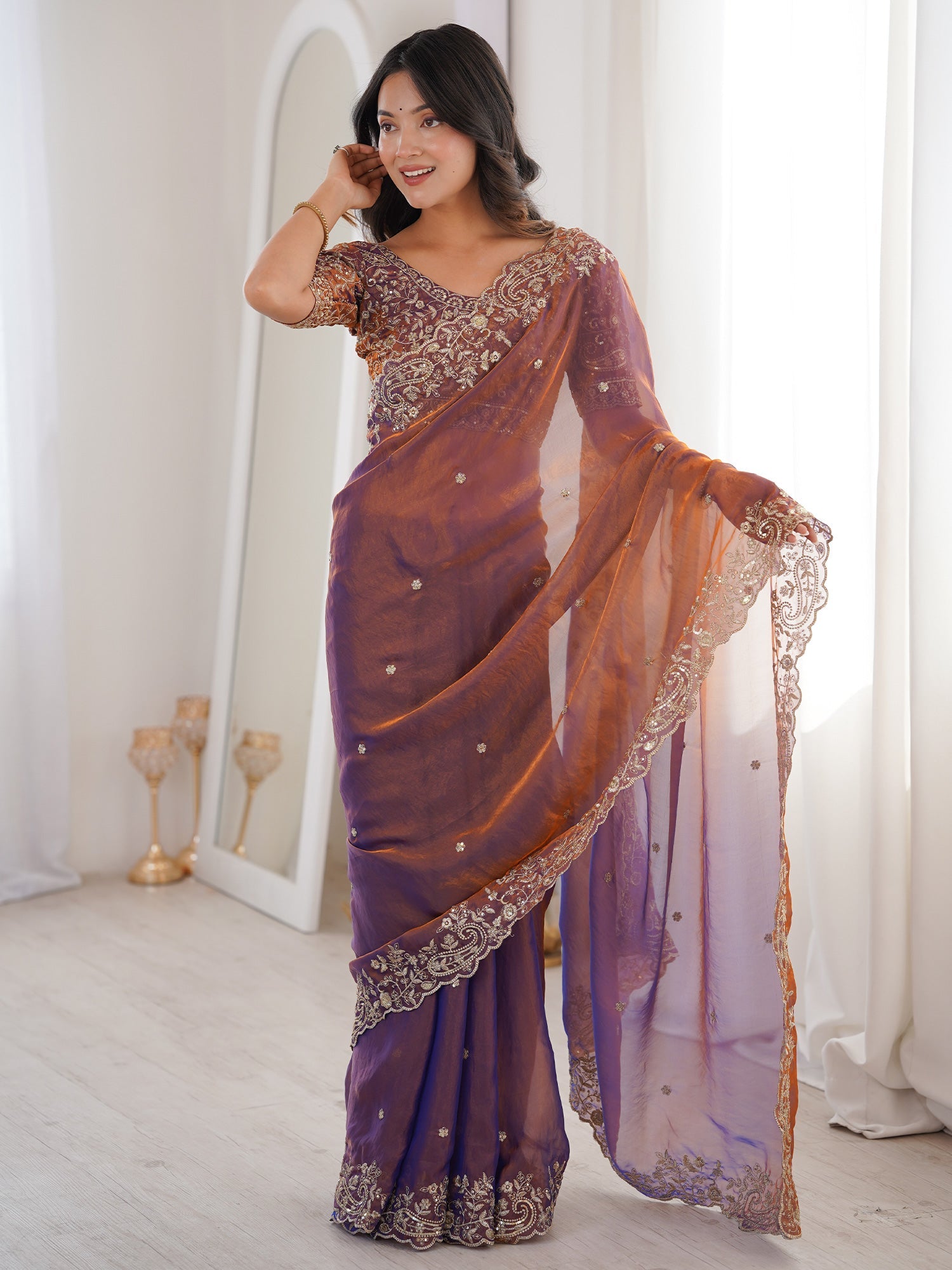 Deep Wine Dual Tone Tissue Silk Saree - Ressa