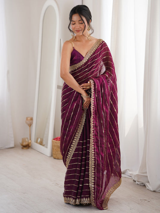 Deep Wine Georgette Gota Patti Leheriya Stripes Saree - Ressa