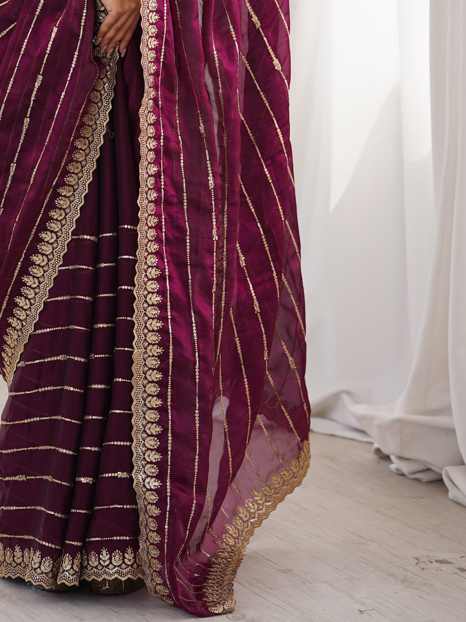 Deep Wine Georgette Gota Patti Leheriya Stripes Saree - Ressa