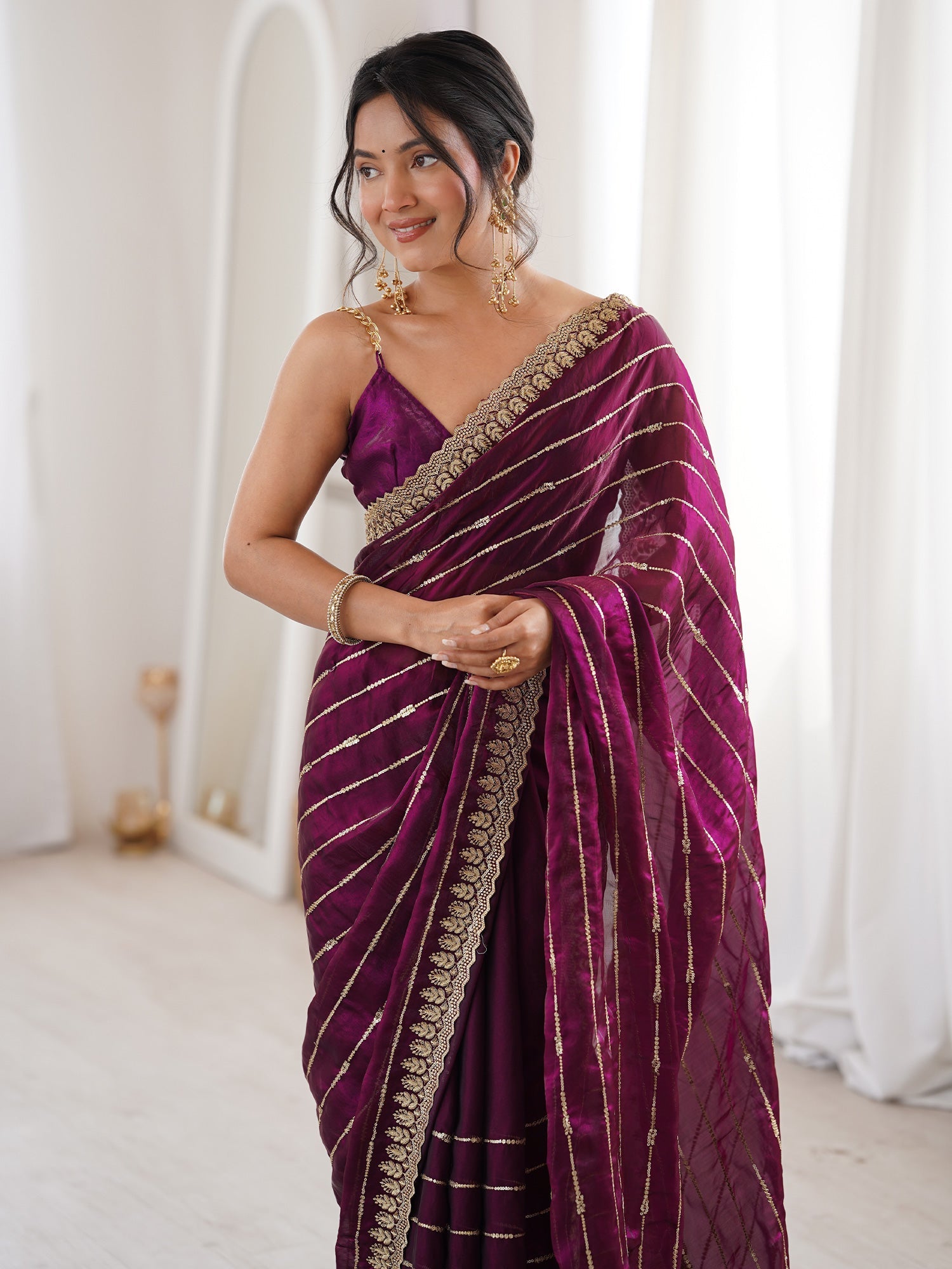 Deep Wine Georgette Gota Patti Leheriya Stripes Saree - Ressa