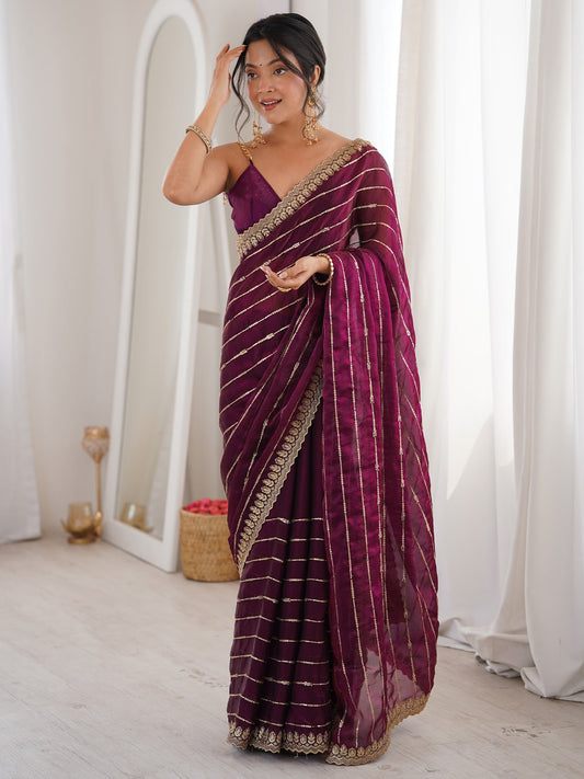 Deep Wine Georgette Gota Patti Leheriya Stripes Saree - Ressa