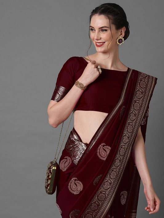 Deep Wine-Maroon Pure Banarasi Katan Silk Saree - Ressa