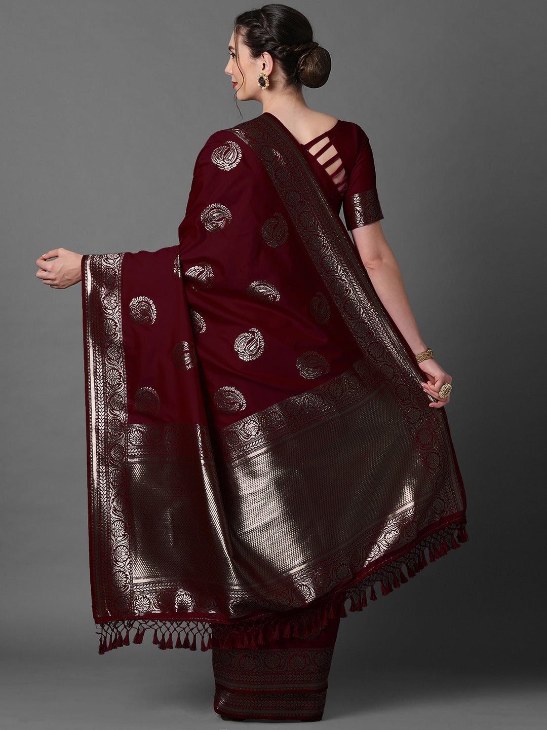 Deep Wine-Maroon Pure Banarasi Katan Silk Saree - Ressa