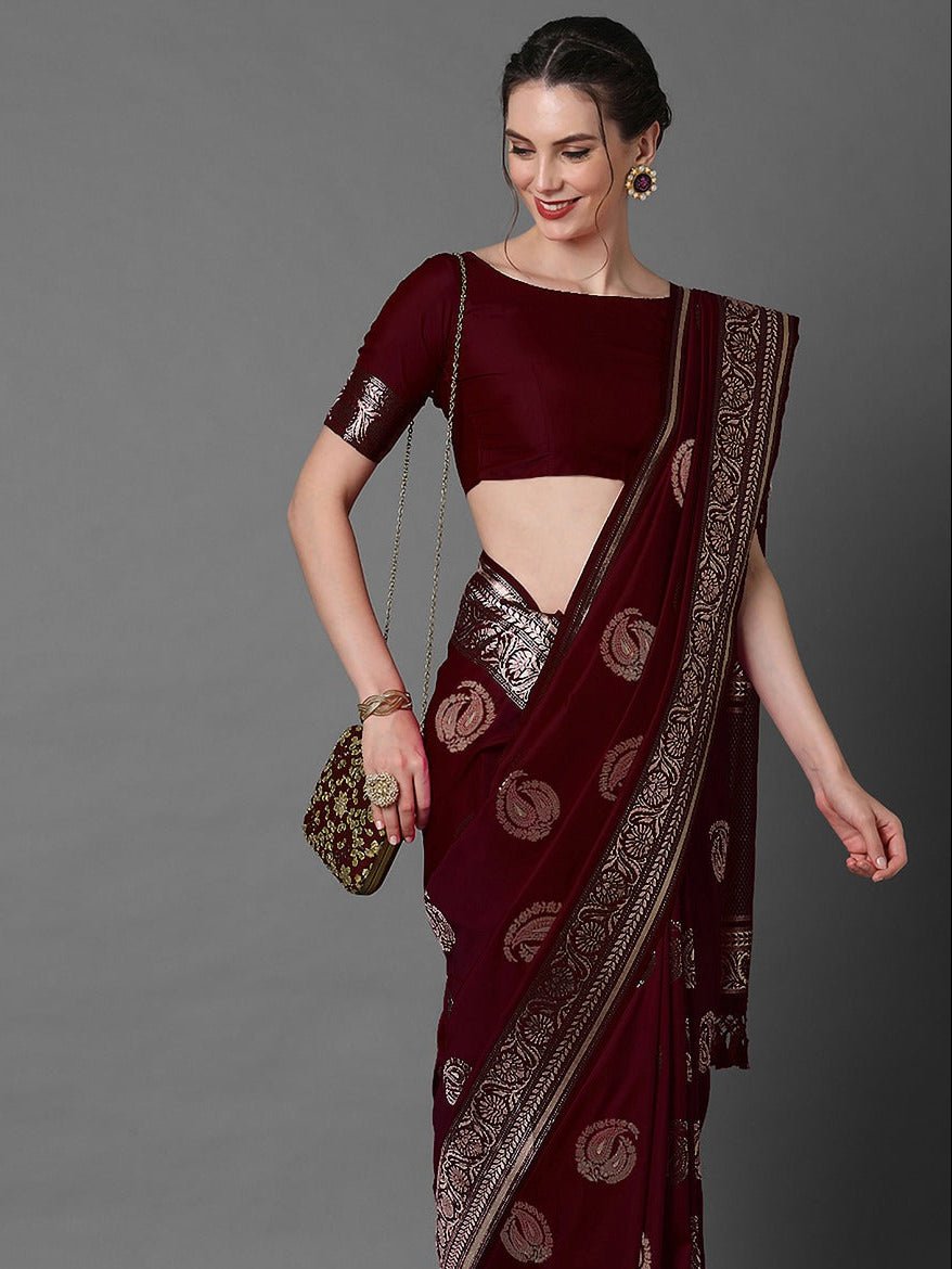 Deep Wine-Maroon Pure Banarasi Katan Silk Saree - Ressa