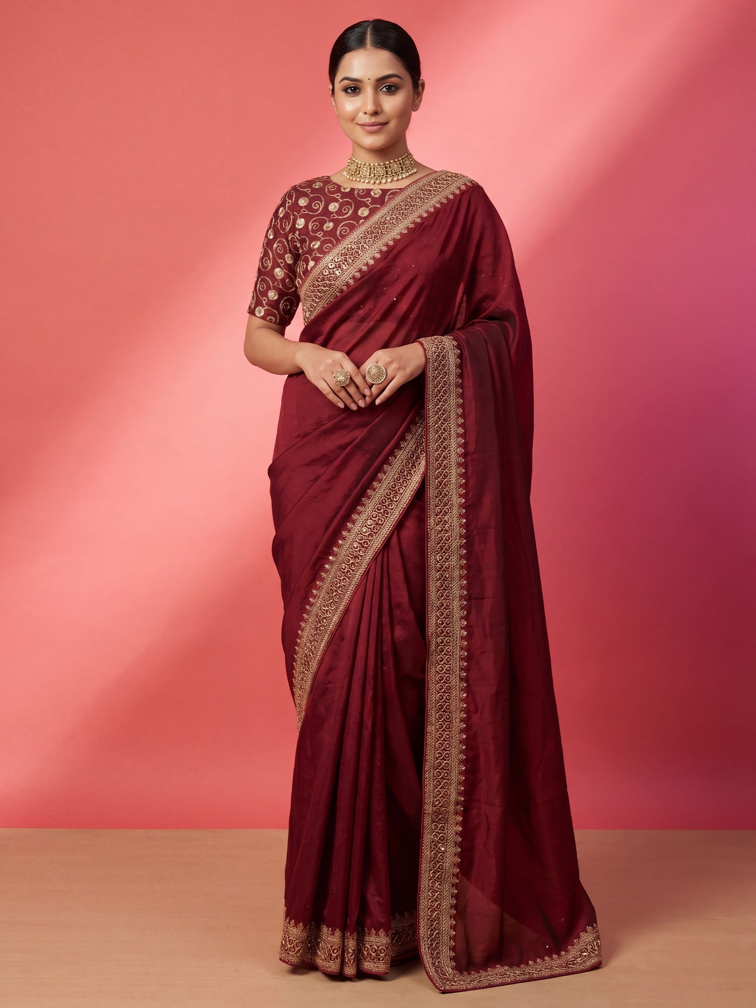 Deep Wine Maroon Silk Saree - Ressa