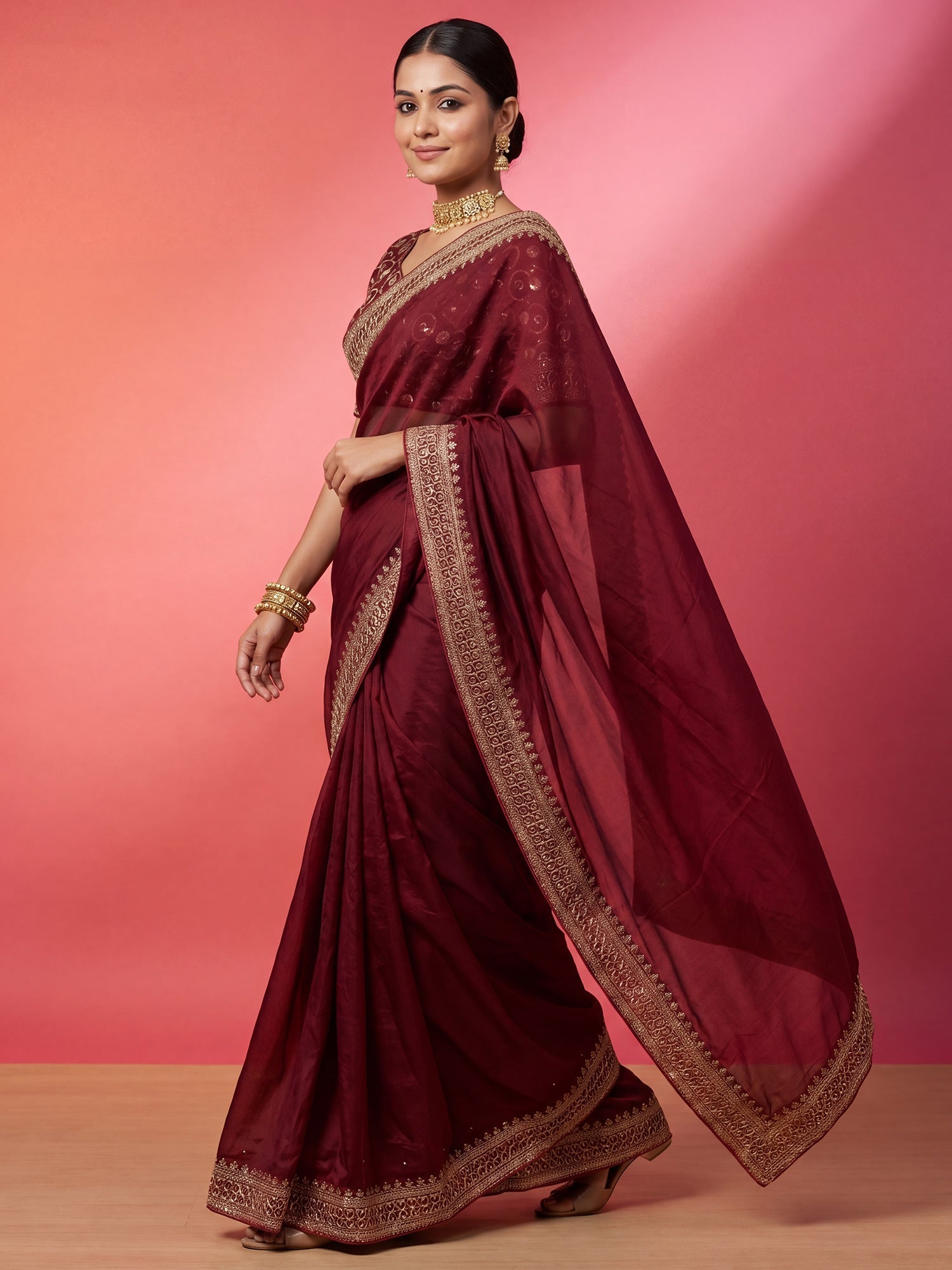 Deep Wine Maroon Silk Saree - Ressa