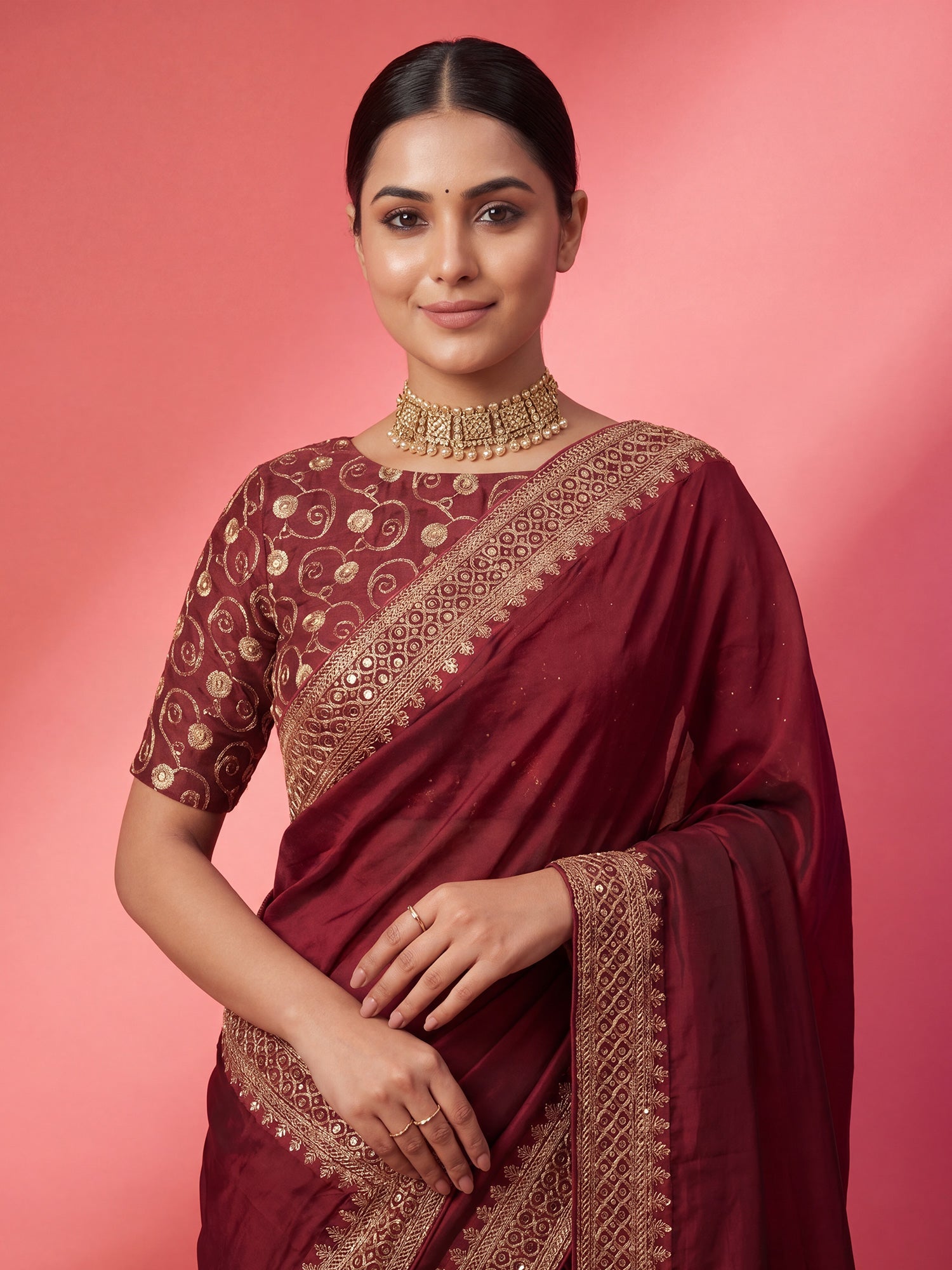 Deep Wine Maroon Silk Saree - Ressa