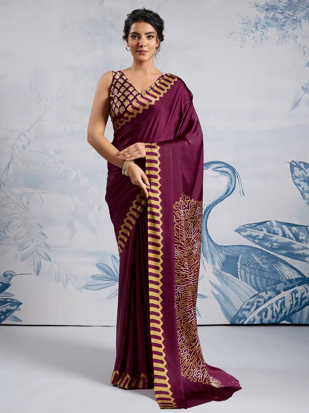 Deep Wine Satin crape Saree - Ressa