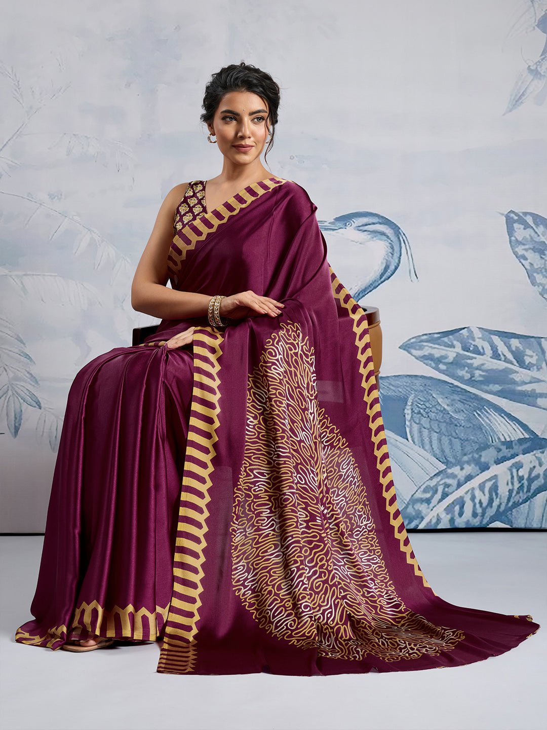 Deep Wine Satin crape Saree - Ressa