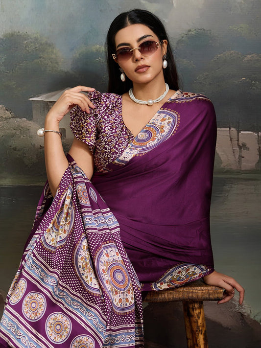 Deep Wine Satin Silk Saree - Ressa
