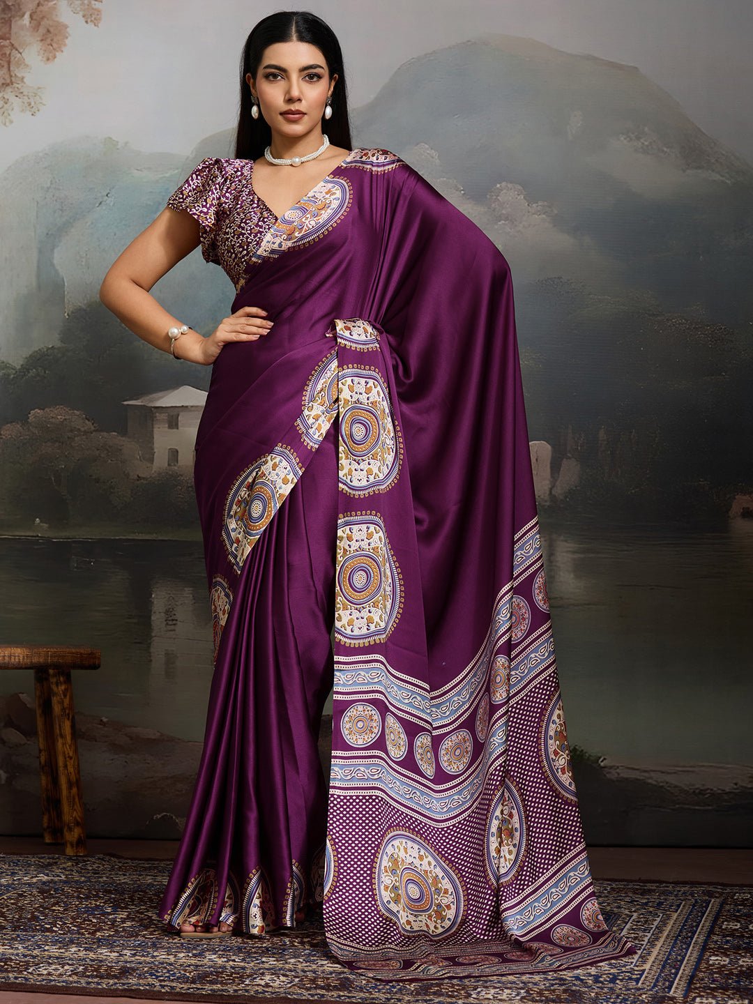 Deep Wine Satin Silk Saree - Ressa