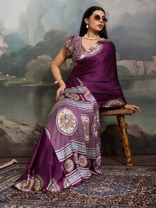 Deep Wine Satin Silk Saree - Ressa