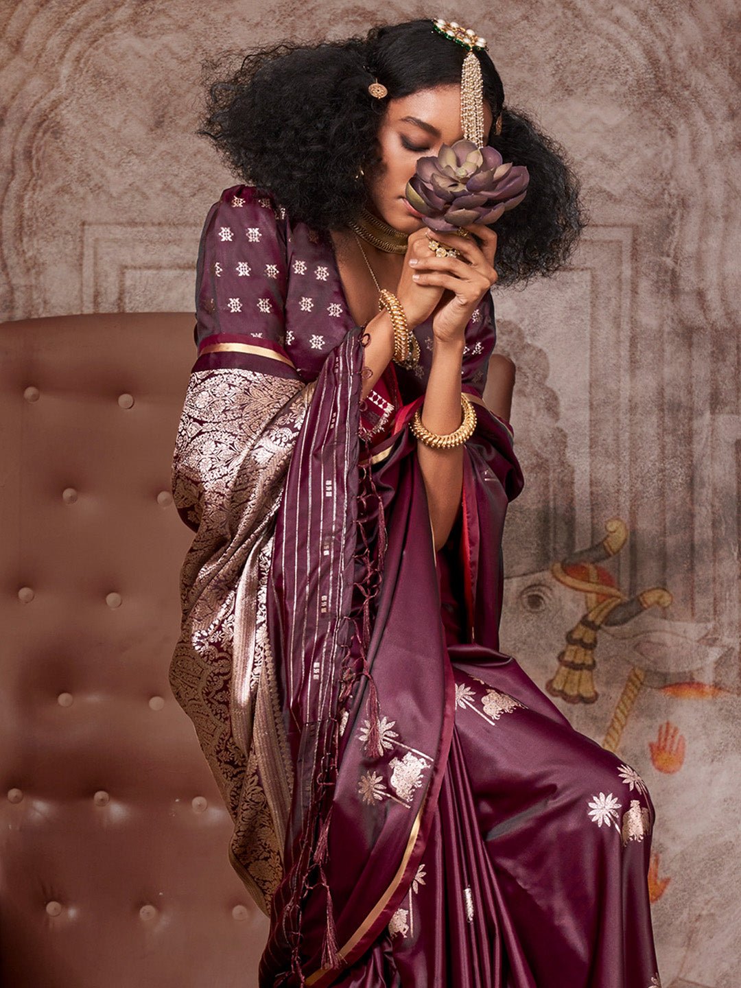 Deep Wine Silk Blend Pichwai Saree - Ressa