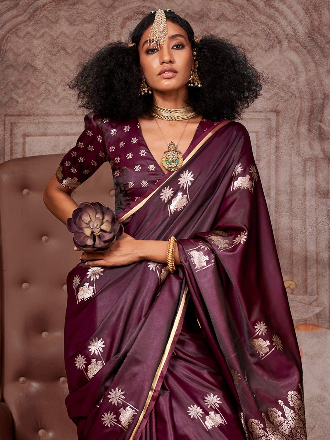 Deep Wine Silk Blend Pichwai Saree - Ressa