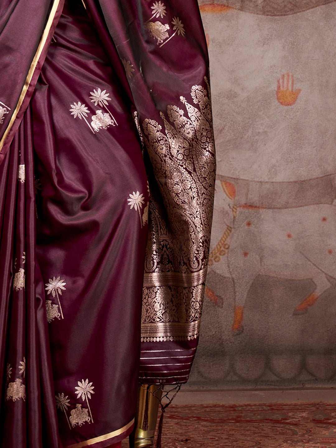 Deep Wine Silk Blend Pichwai Saree - Ressa