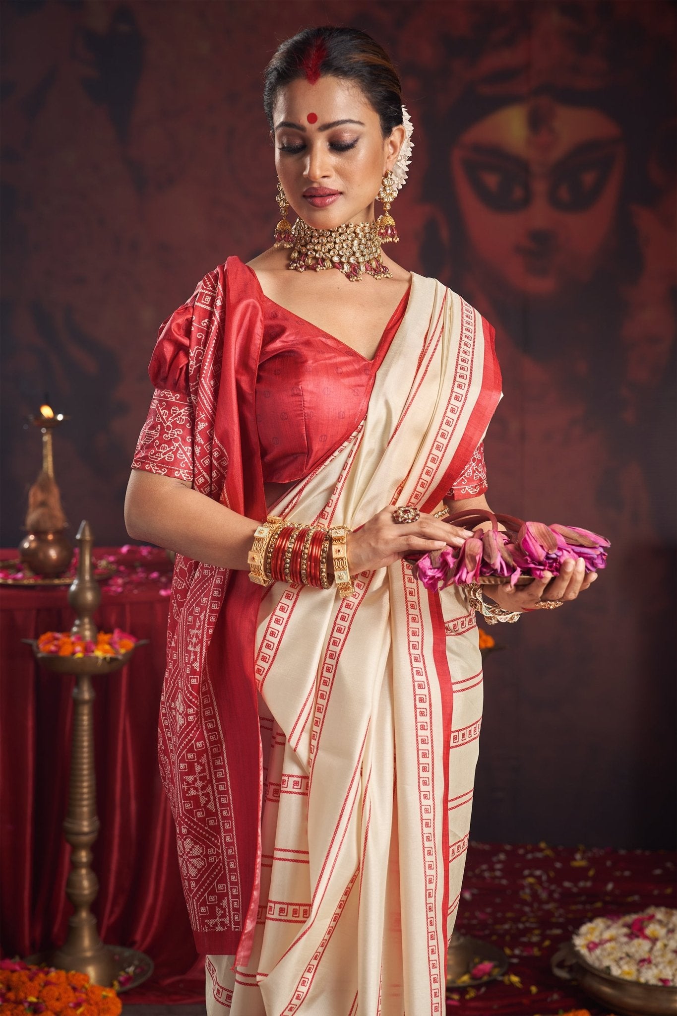 Divine Grace White & Red Printed Saree - Ressa