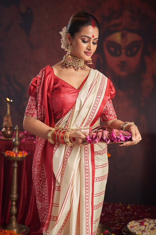 Divine Grace White & Red Printed Saree - Ressa