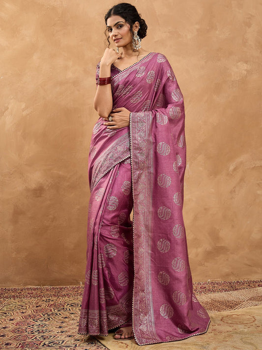 Dola Silk Mauve Foil Print Saree - Ressa
